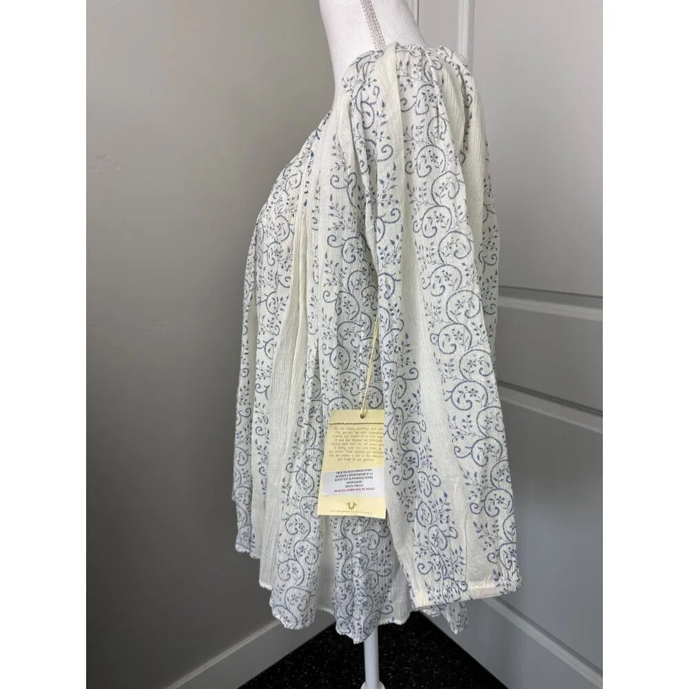 True Religion Womens Boho Top S Blue & White Trellis Print With Princess Seams - Picture 6 of 16